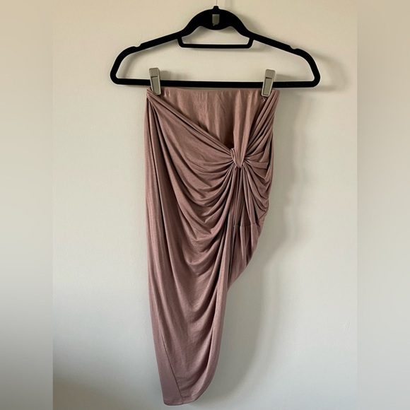Knot-Front Draped Asymmetrical Midi Bodycon Skirt - Taupe - Picture 3 of 5